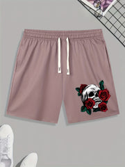 Skull & Rose Print Men's Activewear Drawstring Shorts