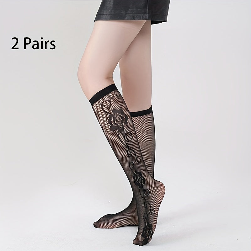 2 Pairs Fishnet Calf Socks Knee High Stockings