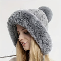 Winter Warm Hat W/ Earflap & Balls Knitted Hat, Fluffy Hats For Women