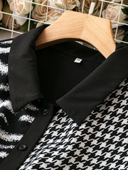 Colorblock Stripe & Houndstooth Button Up Blouse