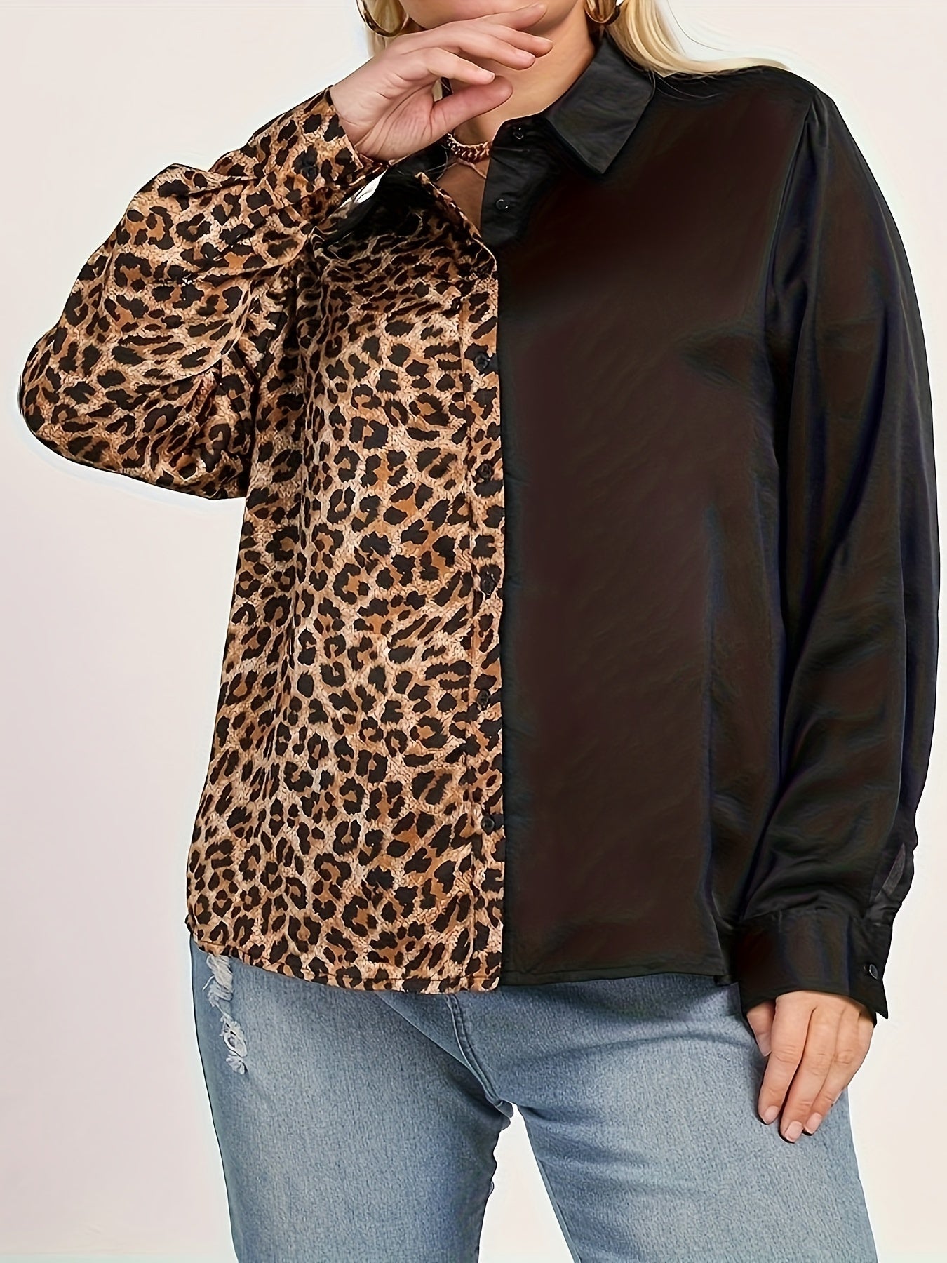 Colorblock Leopard Print Button Up Long Sleeve Blouse