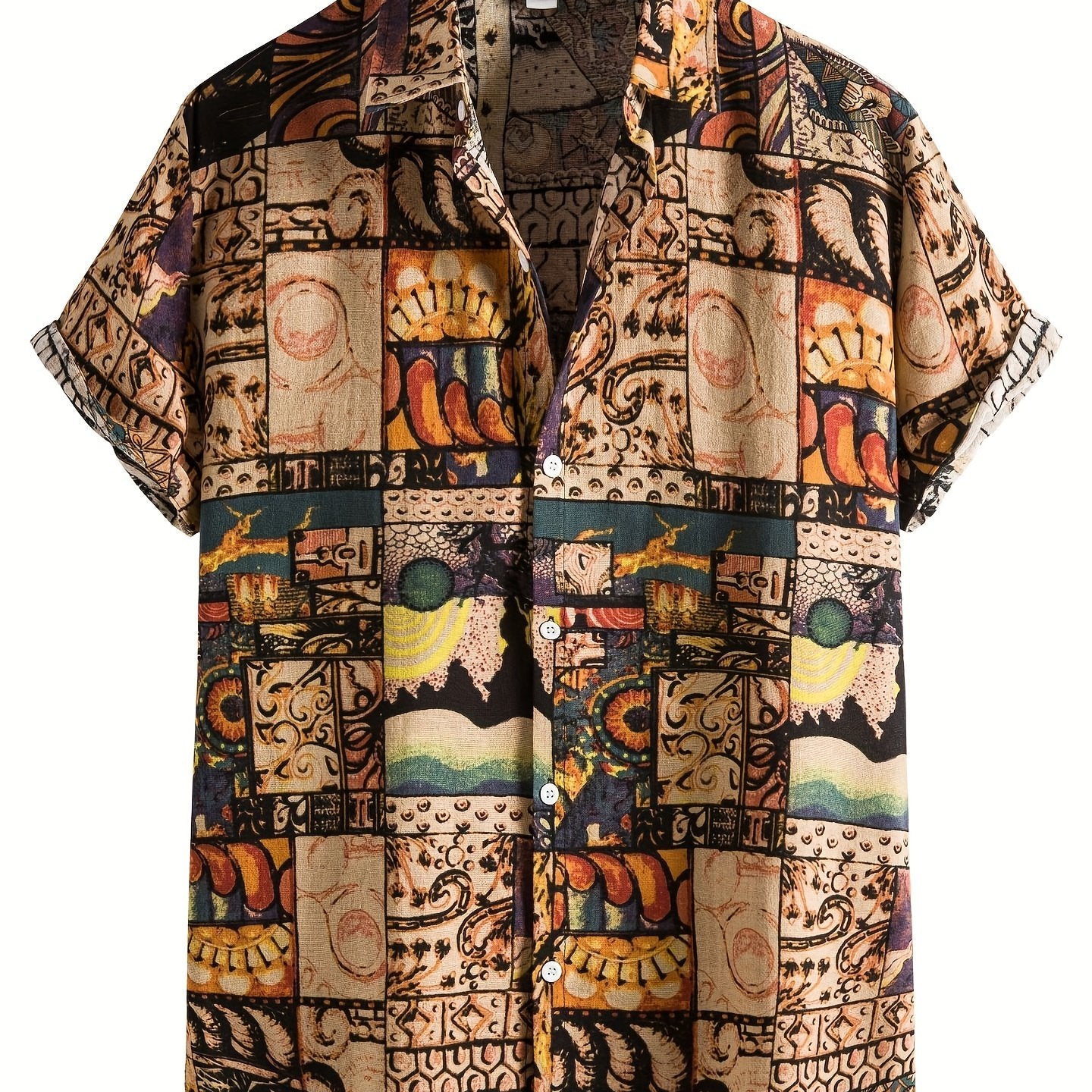 Men's Retro Ethnic Print Camp Collar Bowling Shirt