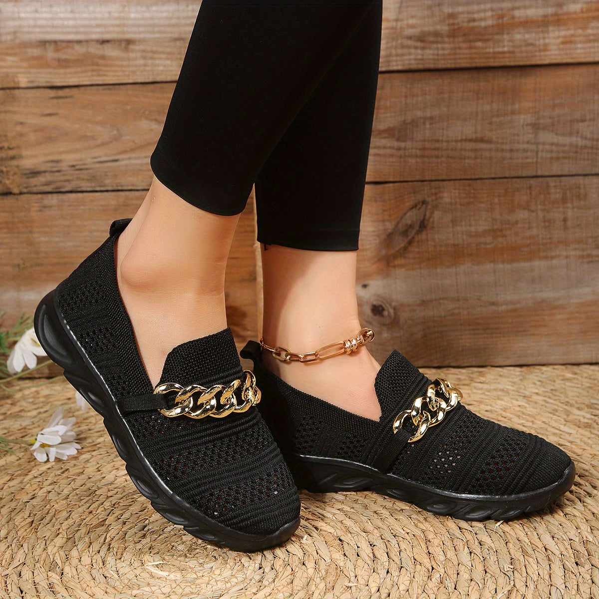 Metallic Chain Decor Woven Mesh Slip On Lightweight Comfy Outdoor Shoes