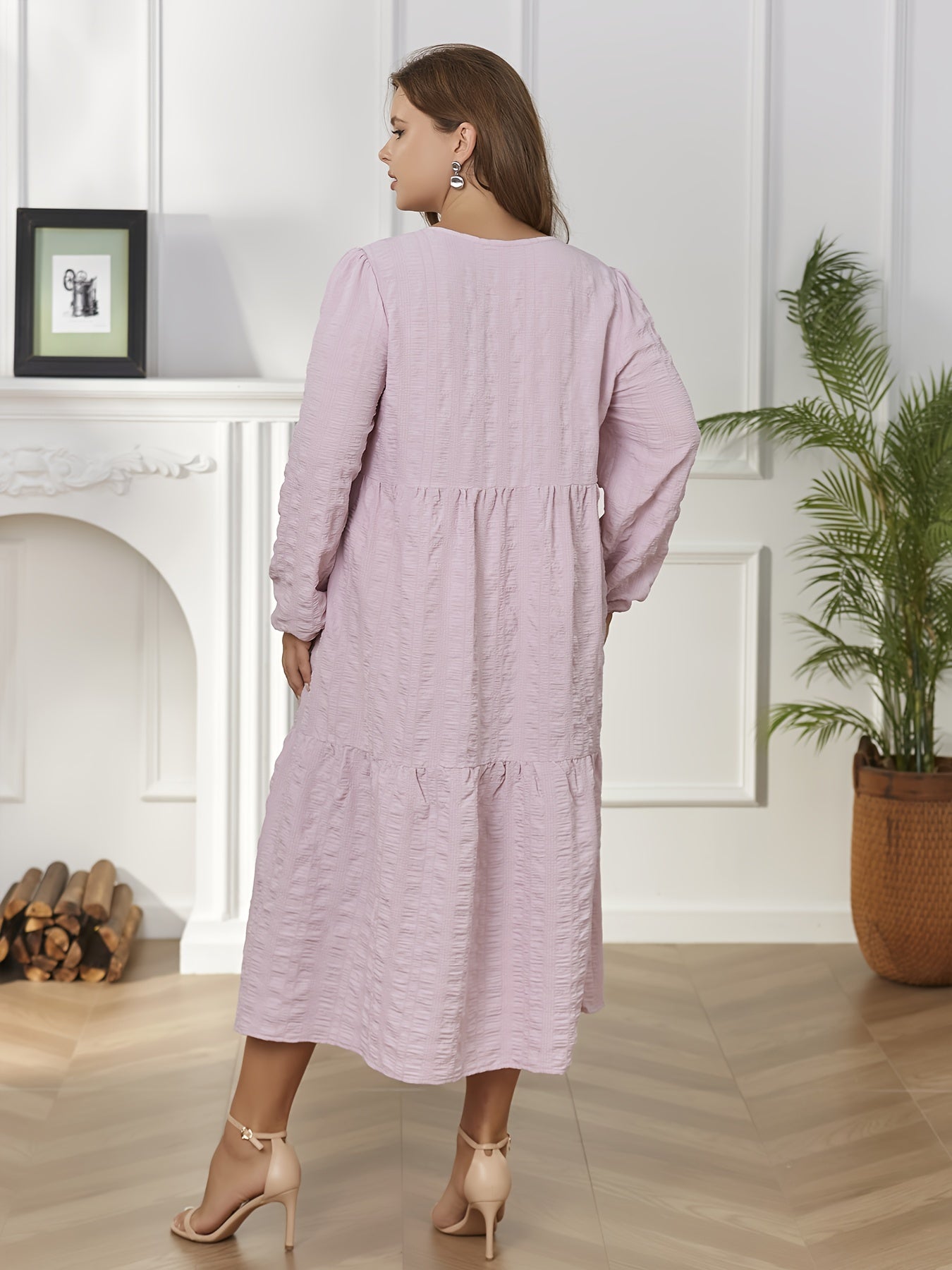 Solid Long Sleeve V Neck Midi Dress