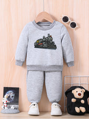 Baby Cartoon Train Print Sweatshirt and Trousers Set