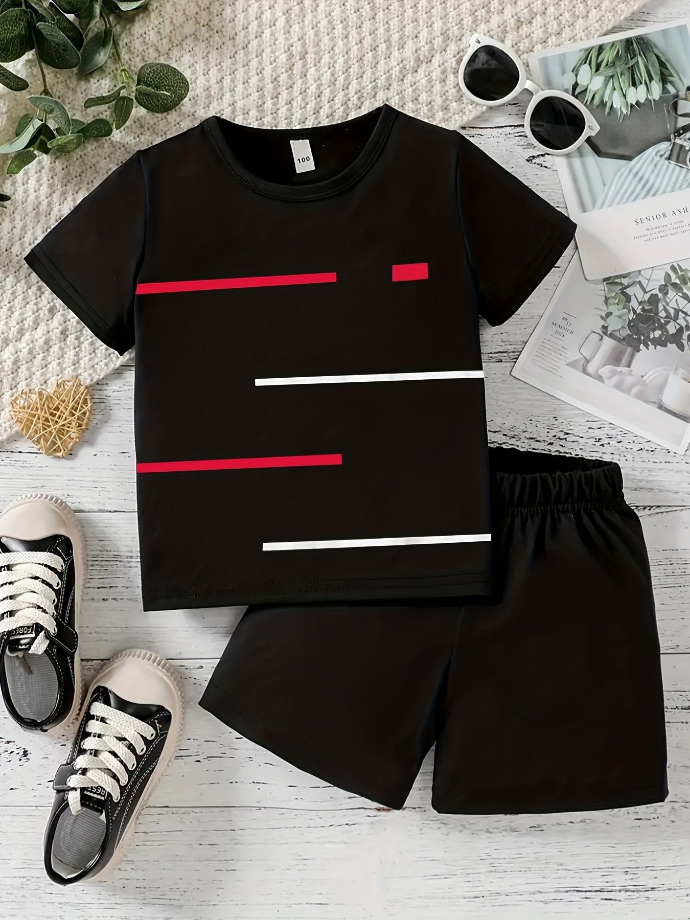 Boys Stripes Print Casual Outfit T shirt & Shorts Kids Summer Clothes Sets