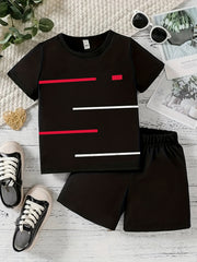 Boys Stripes Print Casual Outfit T shirt & Shorts Kids Summer Clothes Sets