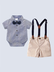 Baby Boys Gentleman Outfits Suits Bowtie Striped Bodysuit Suspender Shorts Dress
