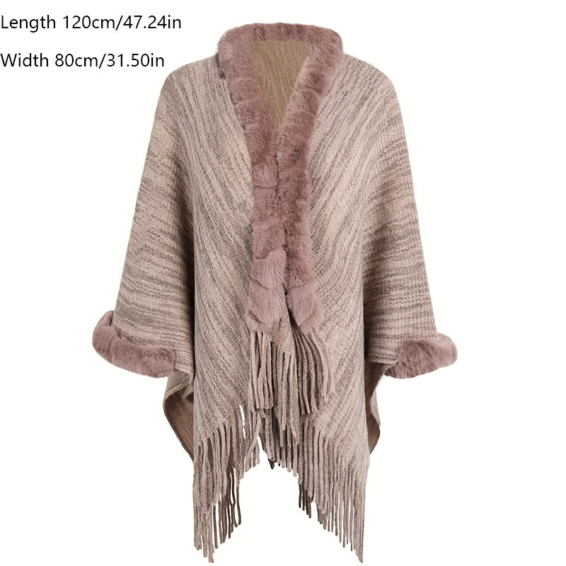 Fur Collar Cardigan Solid Warm Tassel Shawl Wrap Windproof Striped Shawl Cape