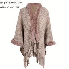 Fur Collar Cardigan Solid Warm Tassel Shawl Wrap Windproof Striped Shawl Cape