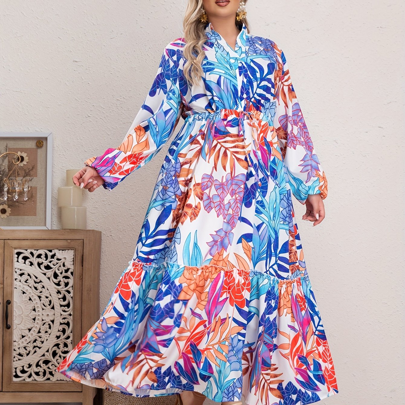 Floral Print Long Sleeve V Neck Maxi Smock Dress