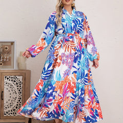 Floral Print Long Sleeve V Neck Maxi Smock Dress