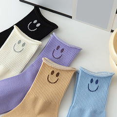5 Pairs Smiling Face Print Socks Comfy & Breathable Women's Stockings