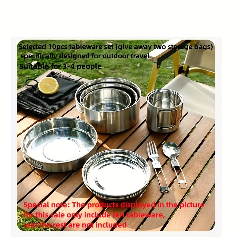 10pcs Stainless Steel Tableware Set for 3-4 People with Storage Bags