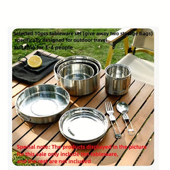 10pcs Stainless Steel Tableware Set for 3-4 People with Storage Bags