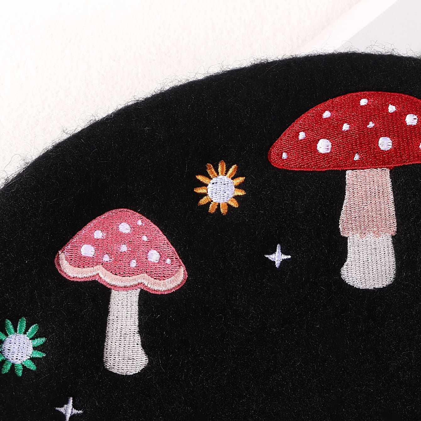 Mushroom Embroidery Wool Beret Art Painter Hat Women's Autumn Winter