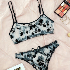 Floral Mesh Lingerie Set Sexy Sheer Tulle Bra Panties Seductive Look