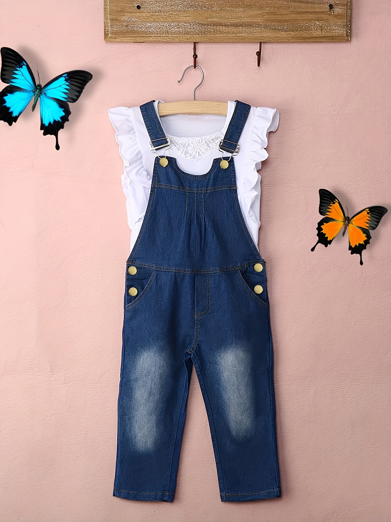 Toddler Girls Ruffle Trim Top & Denim Overalls Set