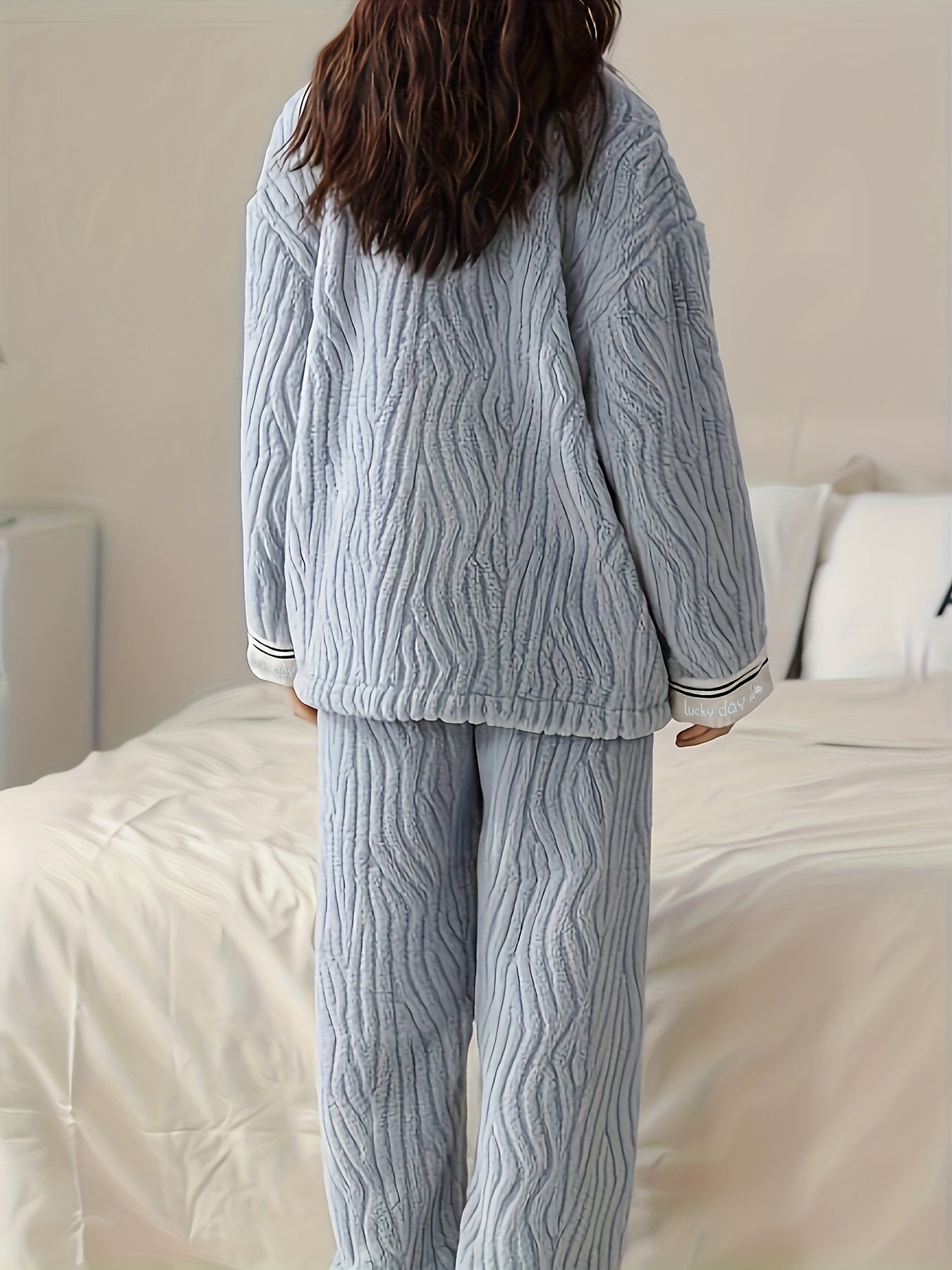 Heart Print Fuzzy Pajama Set Long Sleeve Top & Pants