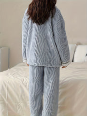Heart Print Fuzzy Pajama Set Long Sleeve Top & Pants