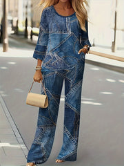 Denim Print Top & Pants Outfit Set