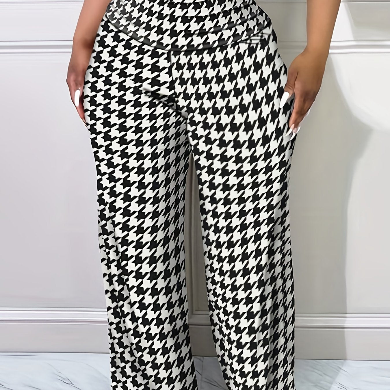 Houndstooth Wide Leg Pants High Waist Casual Spring Summer Women's Clothing