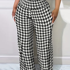 Houndstooth Wide Leg Pants High Waist Casual Spring Summer Women's Clothing