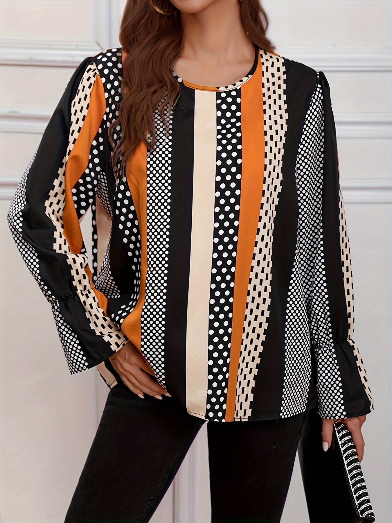 Colorblock Dot Print Lantern Sleeve Top