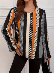 Colorblock Dot Print Lantern Sleeve Top