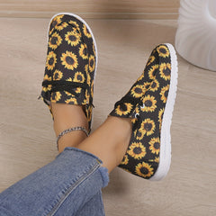 Women's Sun Flower Print Sneakers Low Top Lace Up Round Toe Casual Shoes