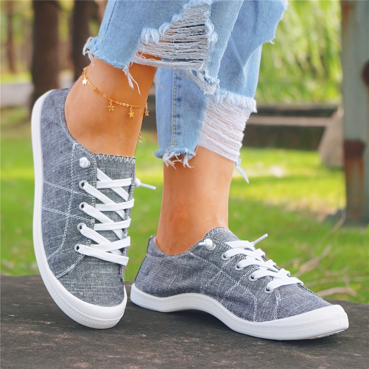 Gray Lace Up Canvas Shoes Anti Slip Causal Flat Walking Shoes Women's Footwear