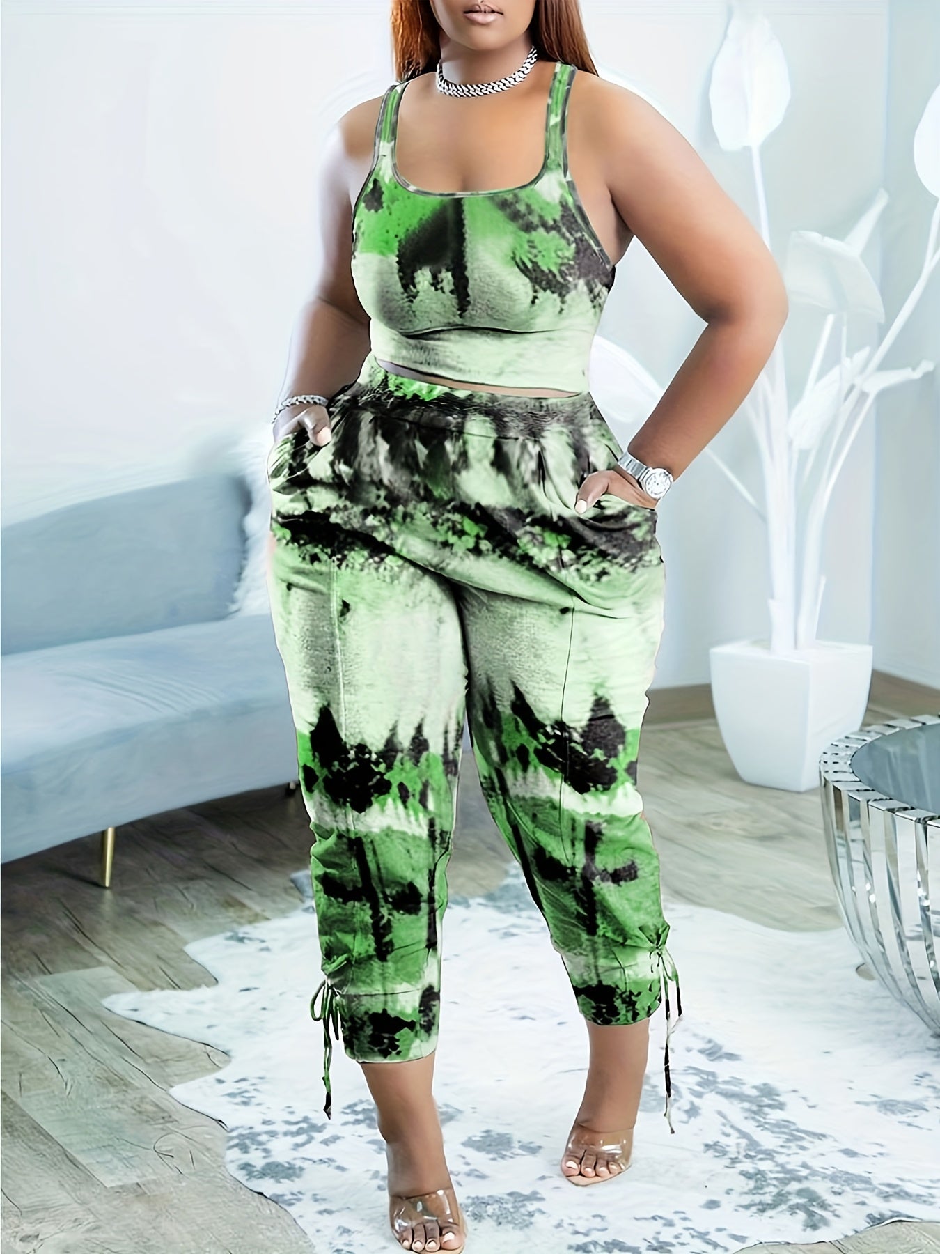 Women's Plus Tie Dye Crop Tank Top & Drawstring Pants Set