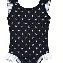 Girl's Ruffle Decor Onesie Swimsuit Floral Tankini Bathing Suit