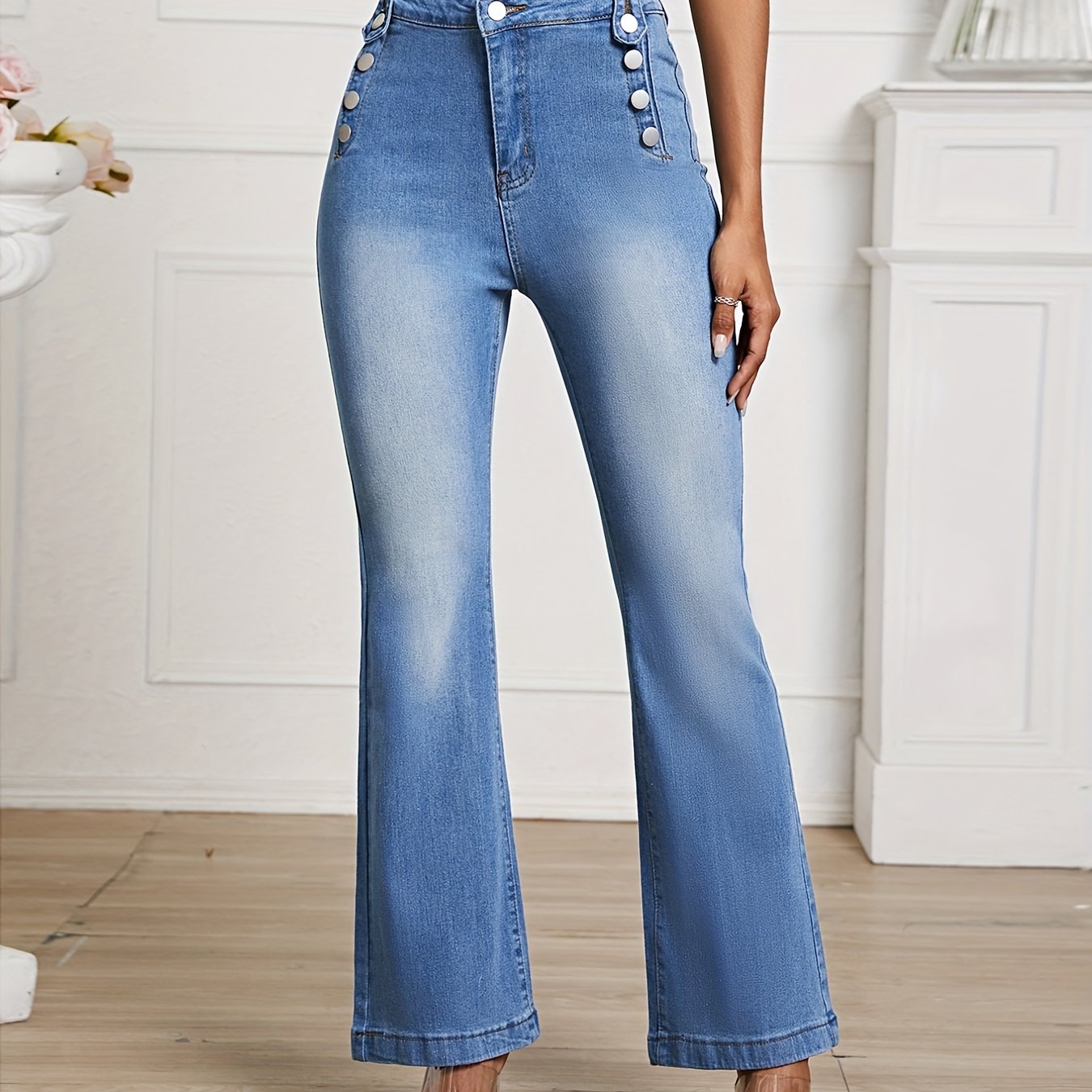 High Waist Flared Jeans Bell Bottom High Rise Wide Legs High Stretch Denim Pants
