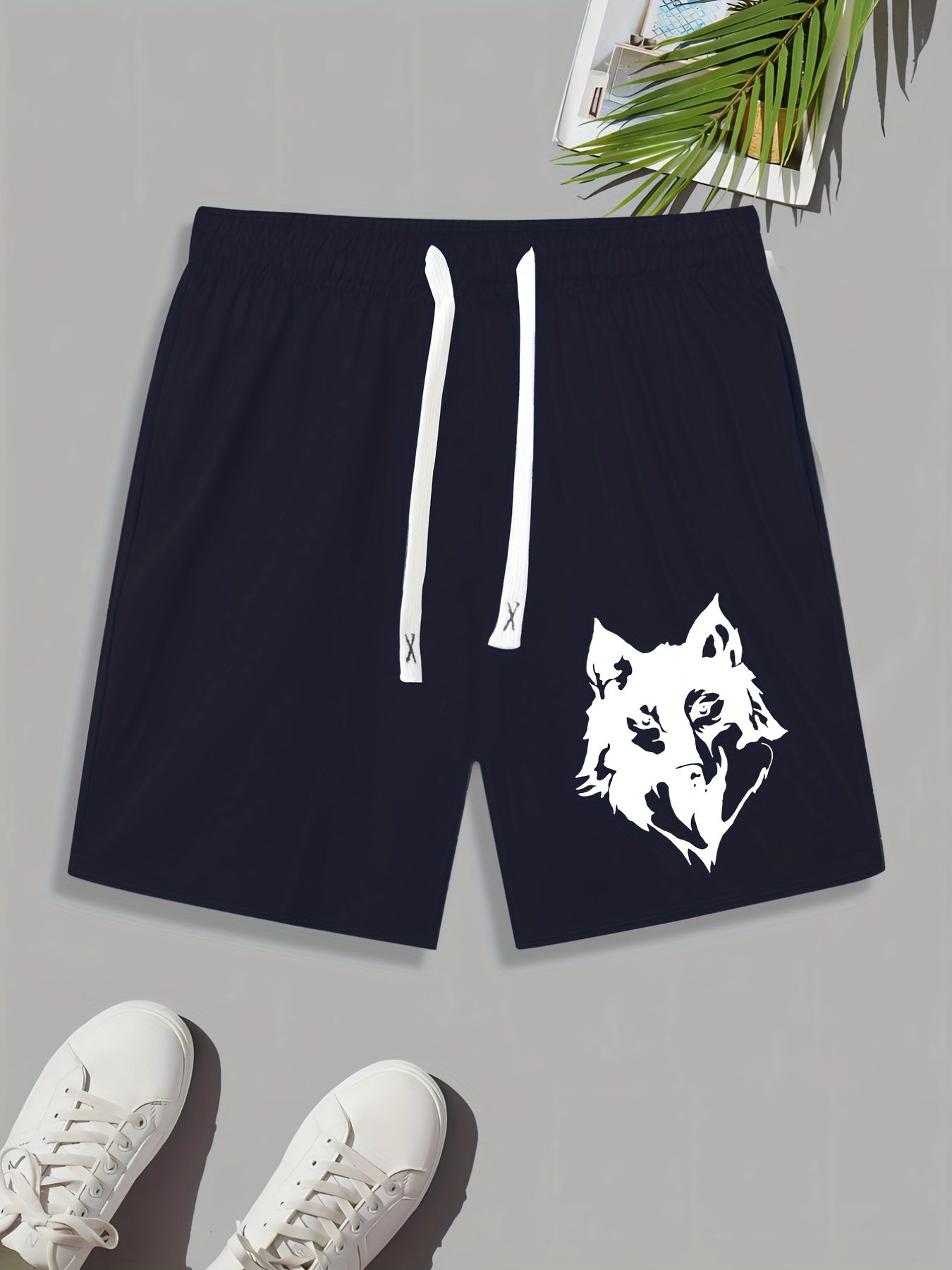Wolf Pattern Print Men's Comfy Shorts Summer Drawstring Casual Loose Shorts