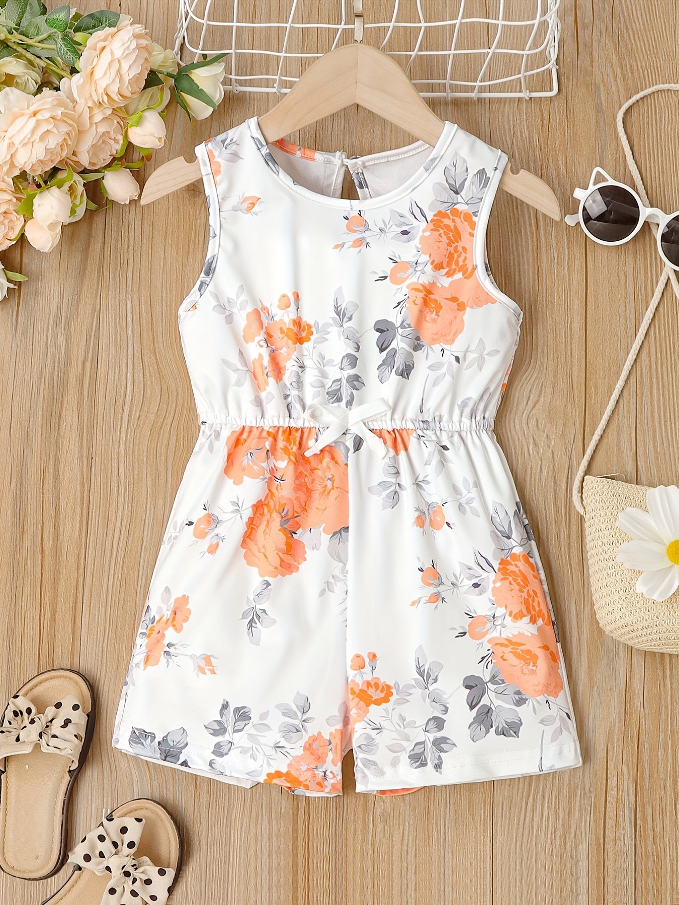 Toddler Girls Flower Print Sleeveless Jumpsuit Shorts With Bow Waist