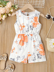 Toddler Girls Flower Print Sleeveless Jumpsuit Shorts With Bow Waist