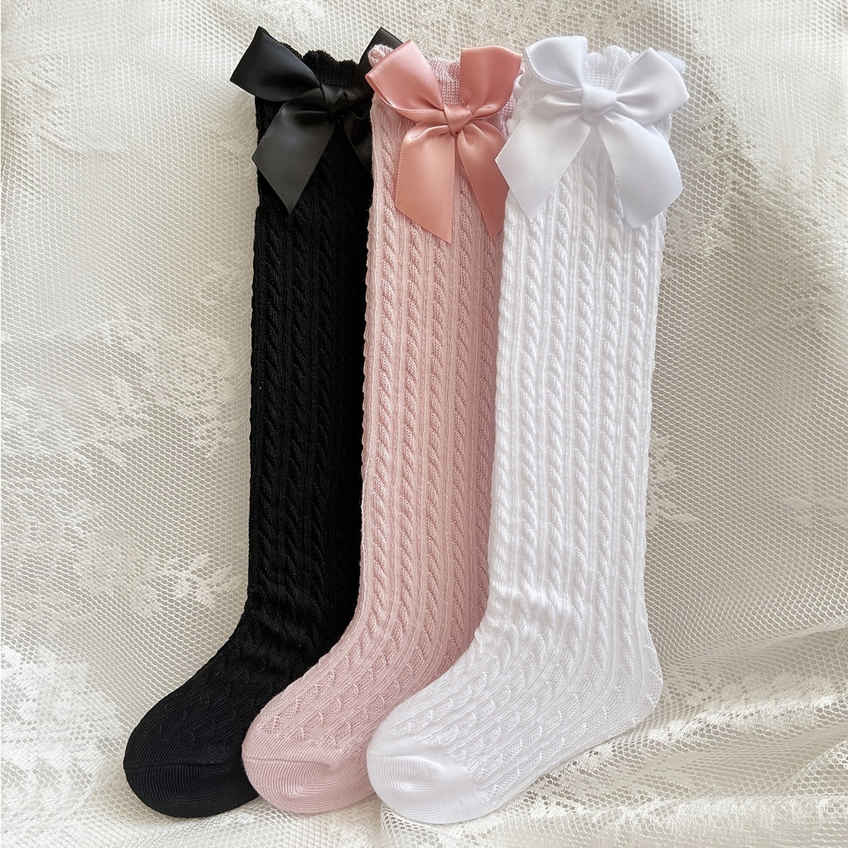 3 Pairs Girls Cable Knit Bow Knee High Socks Long Uniform Stockings