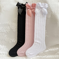 3 Pairs Girls Cable Knit Bow Knee High Socks Long Uniform Stockings