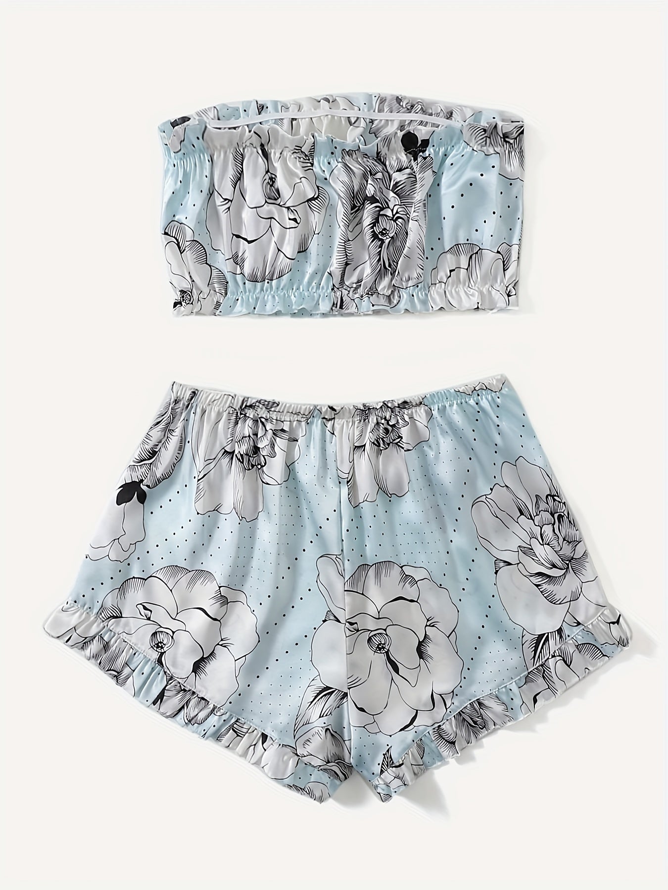 Heart Print Pajama Set Strapless Tube Top & Ruffle Shorts