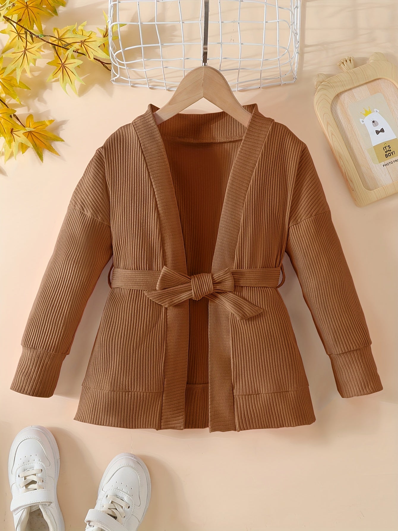 Toddler Girls Ribbed Knit Cardigan with Lace Up Waist