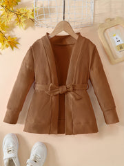 Toddler Girls Ribbed Knit Cardigan with Lace Up Waist