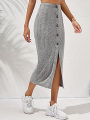 Ribbed Button Front High Waist Midi Skirt