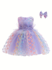Flower Decor Sleeveless Mesh Gown Princess Dress & Headband Set