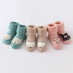 3 Pairs Baby Cartoon Kitty Print Floor Socks Winter Warm Slip-On Thick Socks