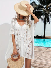 Crochet Batwing Sleeve Side Split Cover Up V Neck Boho Beach Cover Up