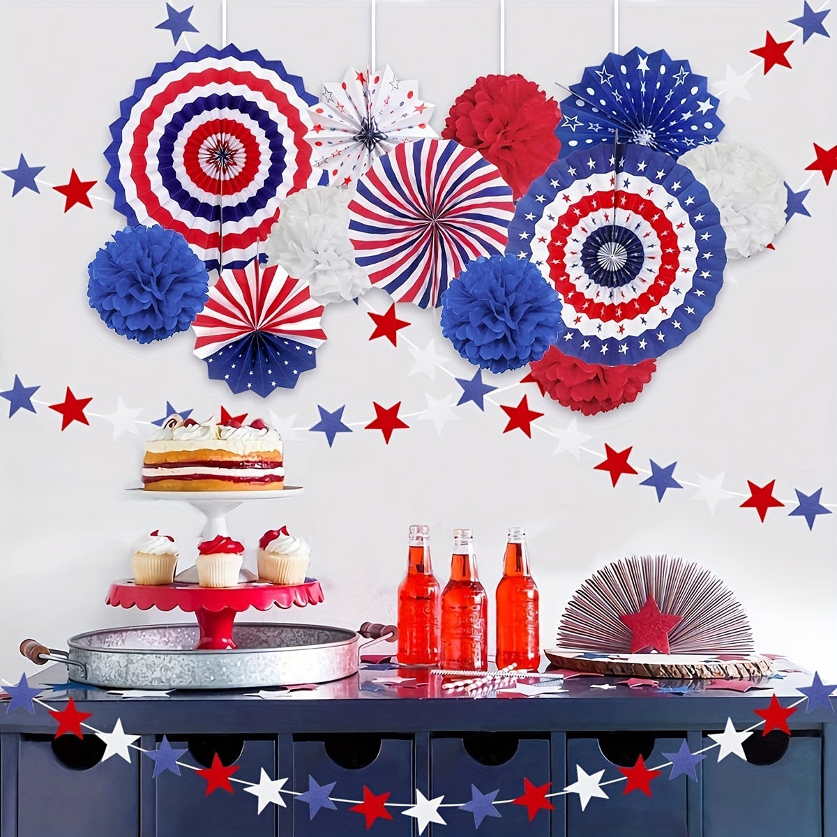 Patriotic 4th of July Decorations Set Hanging Paper Fans Pompoms Flowers