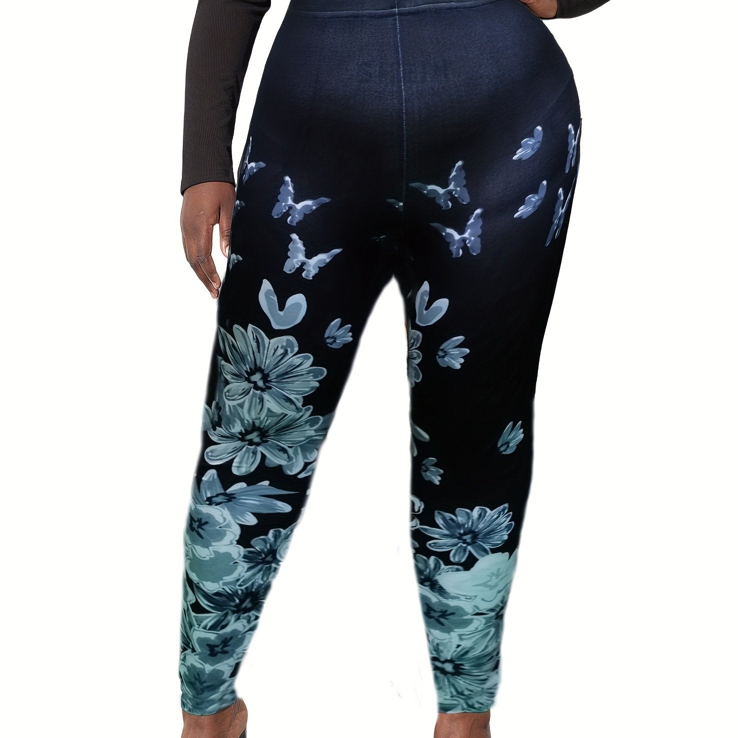 Plus Size Butterfly Floral Print High Rise Skinny Leggings