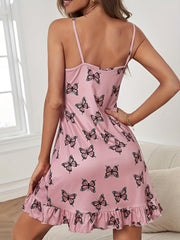 Butterfly Print Lounge Dress Soft & Comfy Ruffle Home Dress
