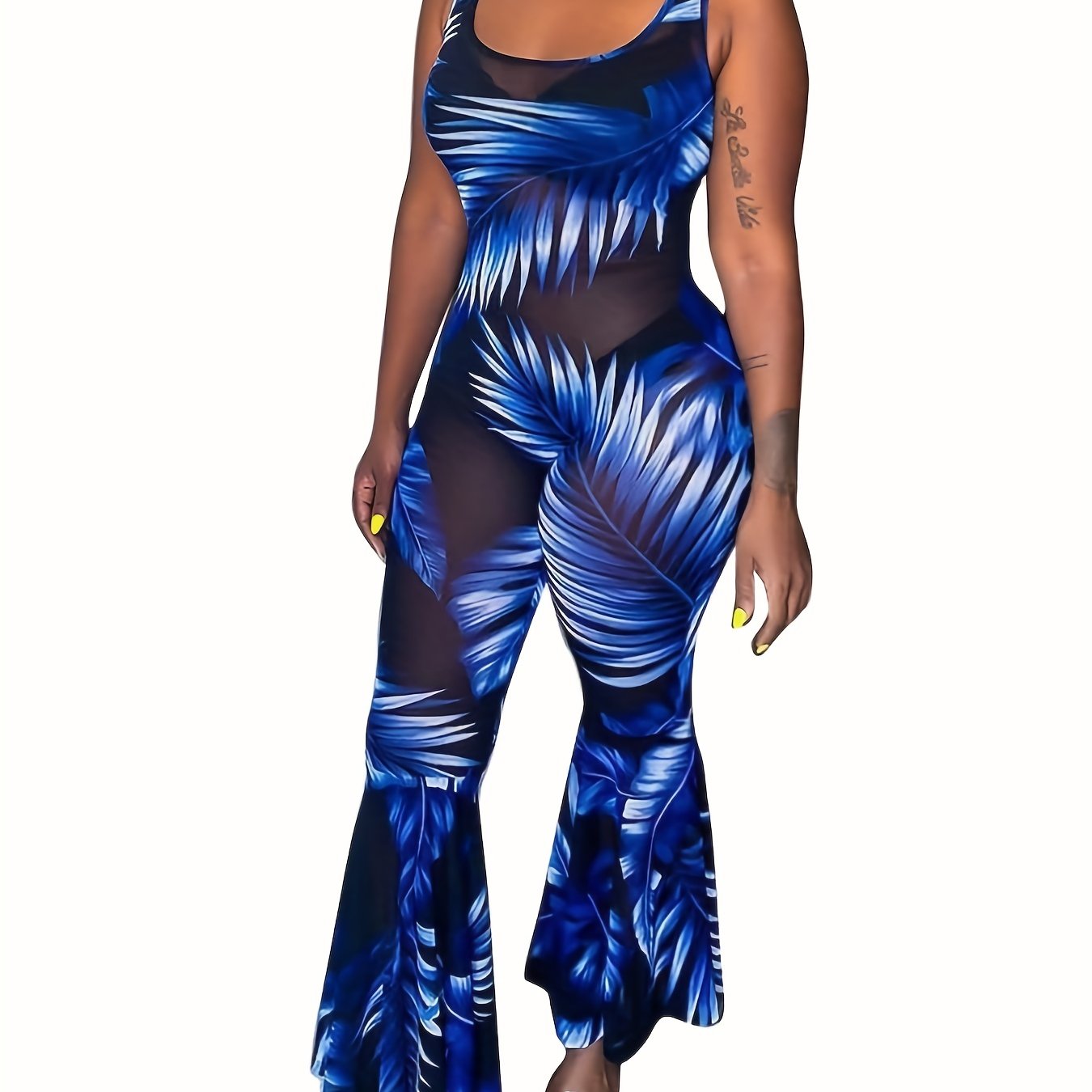 Tropical Print Flared Leg Jumpsuit